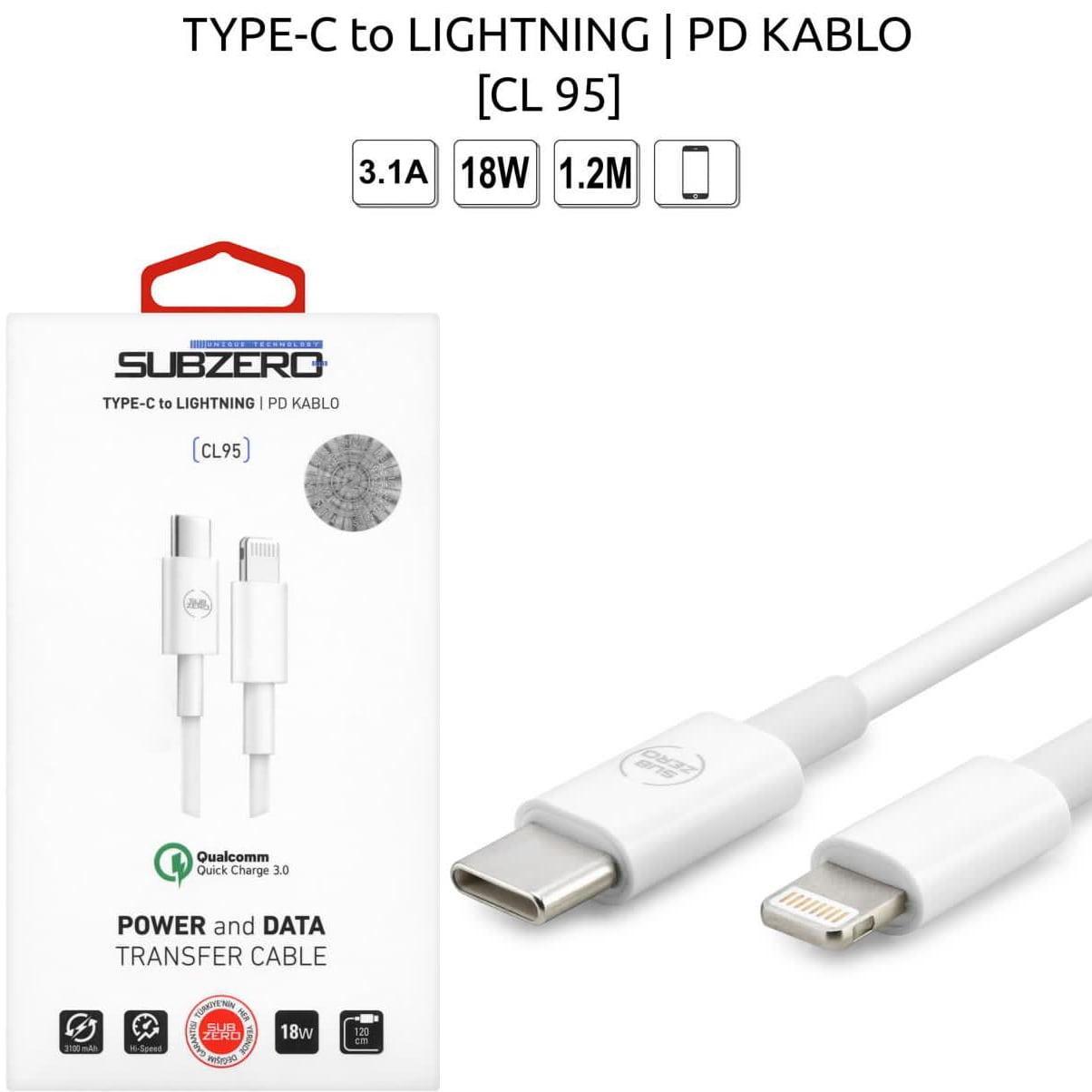 (TYPE-C To Lightning PD Kablu) 18W 3.1A 1.2 Metre Subzero CL95