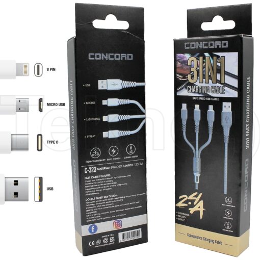 3in1 (Micro - Lighting - TYPE-C) 120 Cm 2.4A USB Kablo Concord C-323