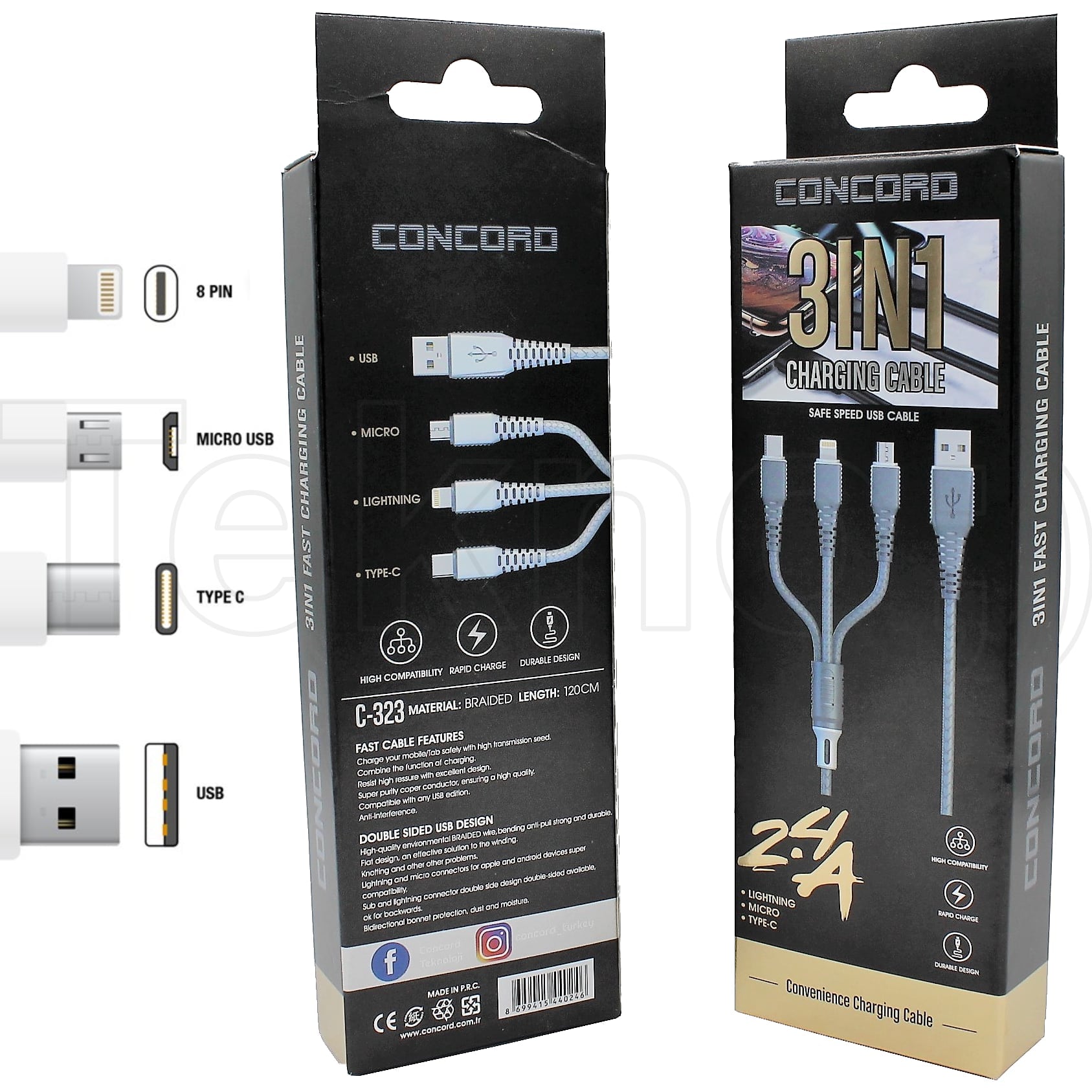 120 Cm 2.4A 3 in 1 Micro & Lighting & TYPE-C USB Kablo Concord C-323