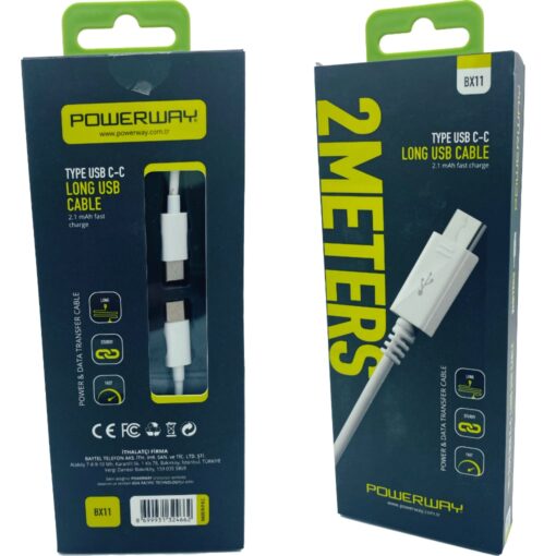2 Metre 2.1A (TYPE C-C) Uzun Hızlı Şarj Kablosu PowerWay BX11