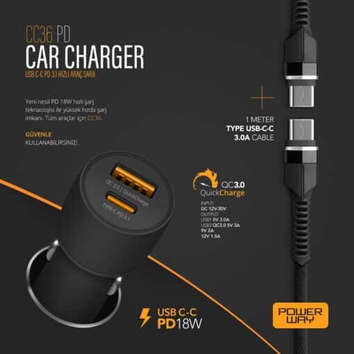 PD 18W 3.1A USB-C / TYPE-C Kablolu Araç Şarjı Powerway CC36