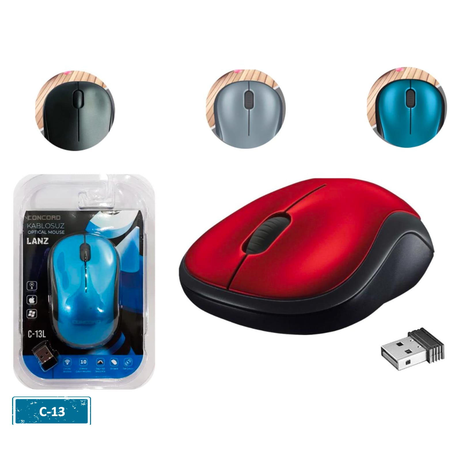(Siyah Silver Kırmızı Mavi) Wireless Mouse 1200 DPi Concord C13
