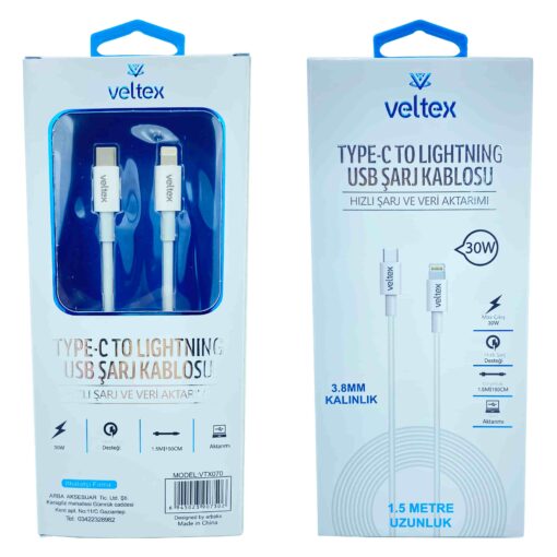 1.5 Metre PD 30W Type-C To Lightning Hızlı USB Kablo 3.8MM Kalınlık Veltex VTX070